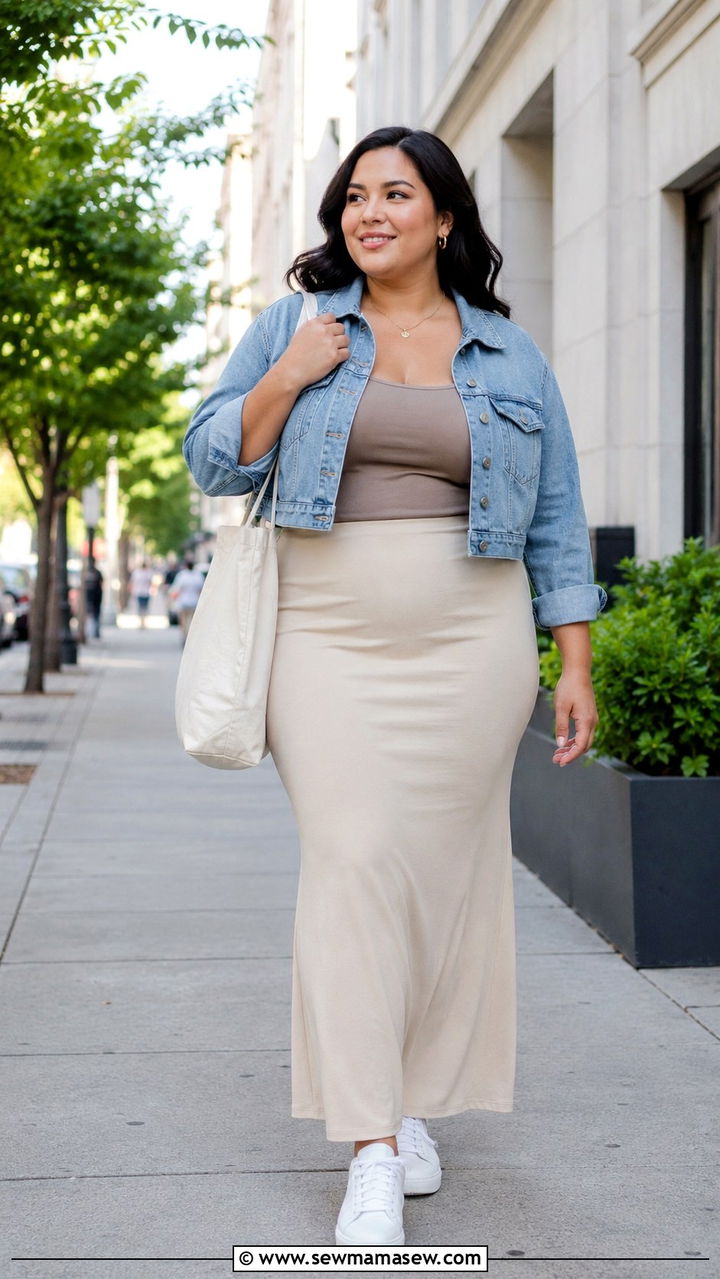 Cropped Denim Jacket Maxi Skirt Plus Size - 30 Spring outfits for curvy women