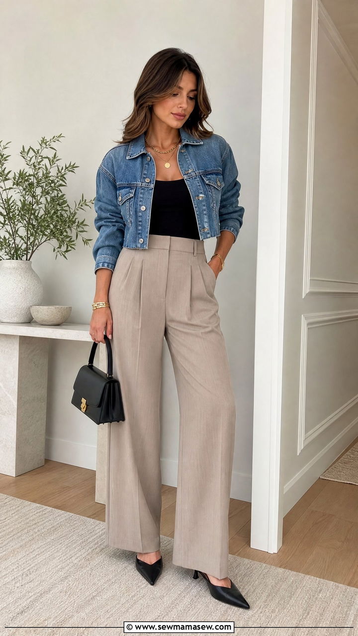 Cropped Denim Jacket Outfit With High Waisted Pants - 25 how to style denim jacket
