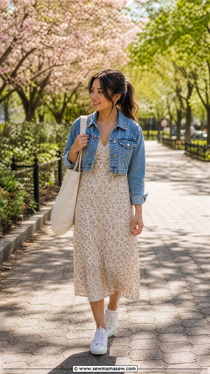 Cropped Denim Jacket Over a Floral Midi Dress With White Trainers - 20 Petite outfit ideas 5'4