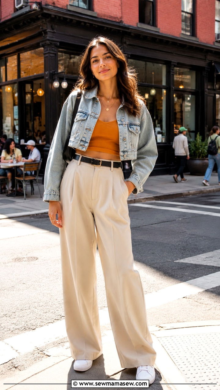 Cropped Denim Jacket Ribbed Tank Wide Leg Beige Trousers - 30 NYC brunch outfit ideas