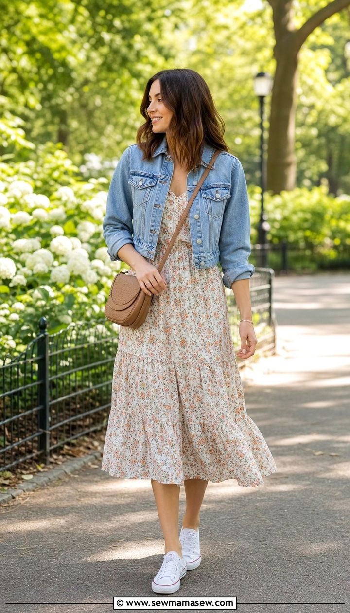 Cropped Denim Jacket With A Floral Midi Dress And Canvas Sneakers - 25 Spring outfits for women in their 30s