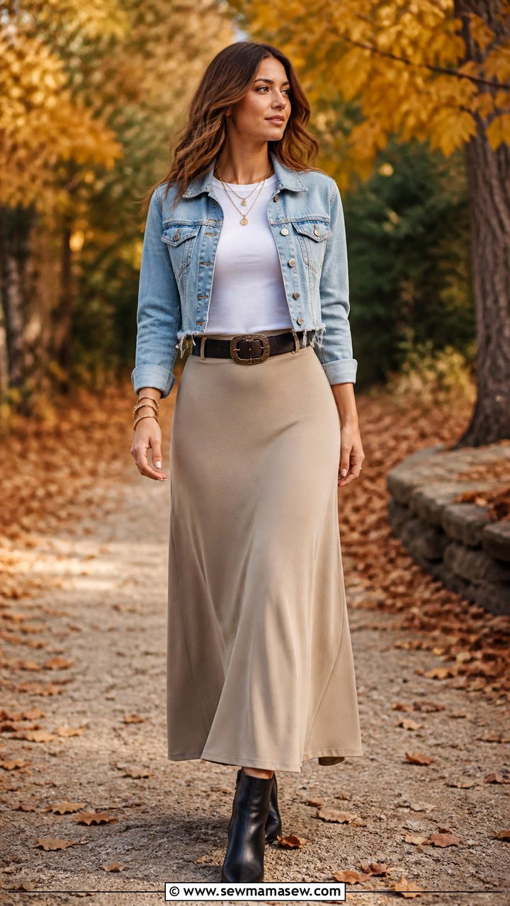 Cropped Denim Jacket With A Maxi Skirt And Ankle Boots - 40 denim jacket outfit ideas
