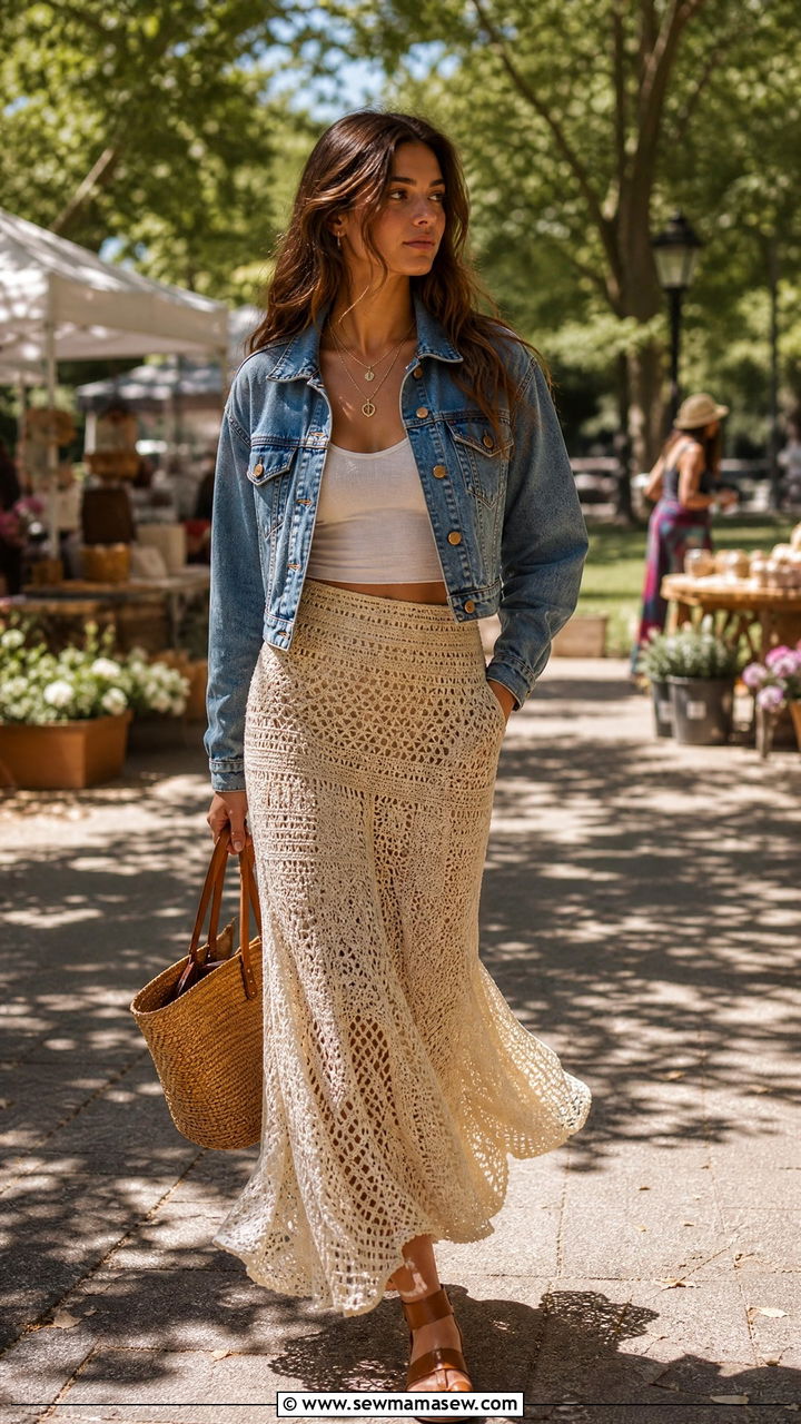 Cropped Denim Jacket With Crochet Maxi Skirt - 25 Indie girl outfit ideas 2026