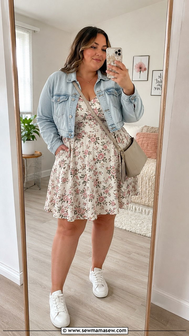 Cropped Denim Jacket With Fit and Flare Dress - 25 Outfit ideas for pear shape plus size