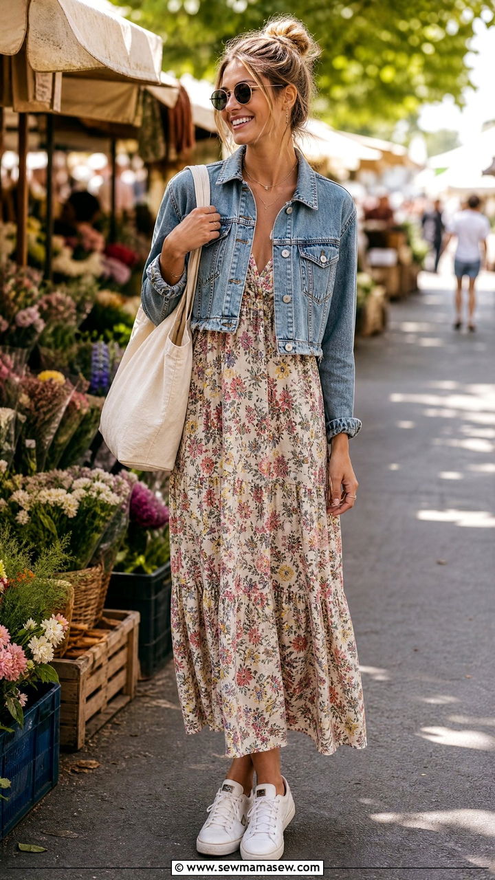Cropped Denim Jacket With Floral Maxi Dress and White Sneakers - 30 summer 90s outfits