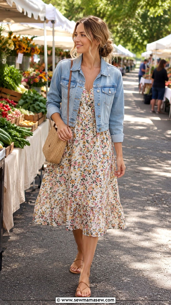 Cropped Denim Jacket With Floral Midi Dress - 25 Mid May outfit ideas