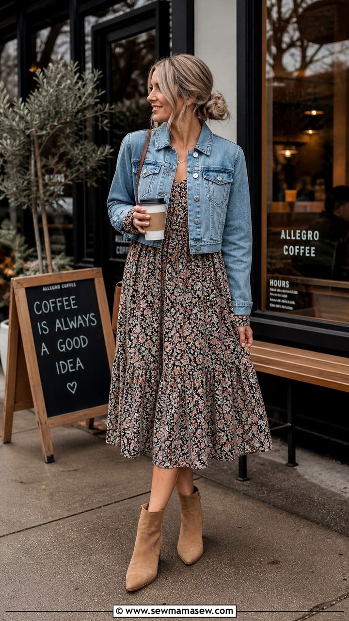Cropped Denim Jacket With Floral Midi Dress And Ankle Boots - 40 What to wear in Amsterdam
