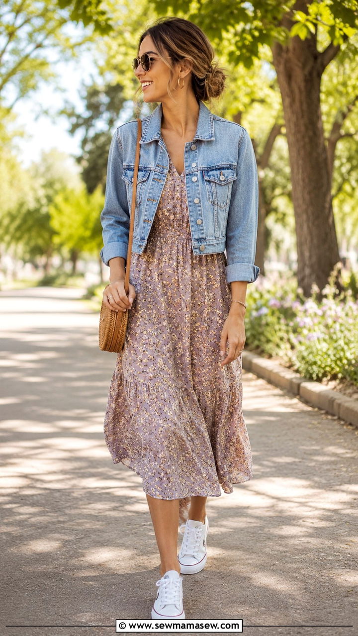 Cropped Denim Jacket With Floral Midi Dress And Canvas Sneakers - 30 classy fashion inspo outfits