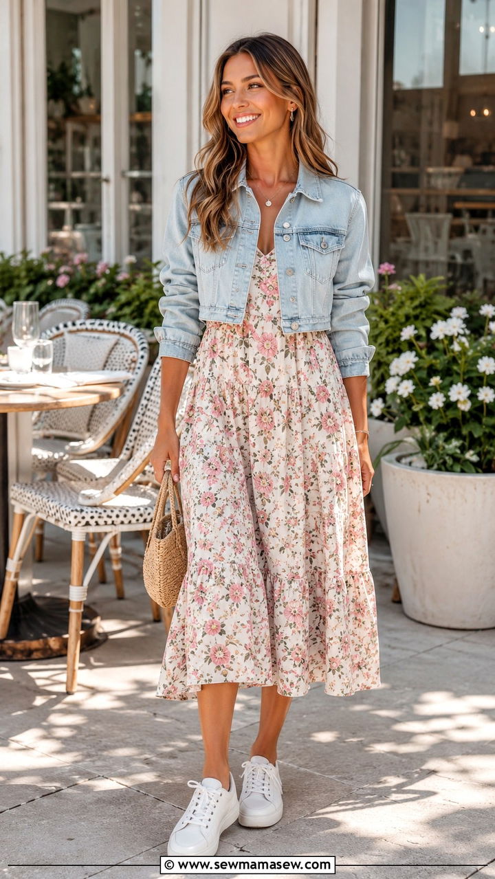 Cropped Denim Jacket With Floral Midi Dress and Canvas Sneakers - 30 Denim jacket outfit ideas for spring