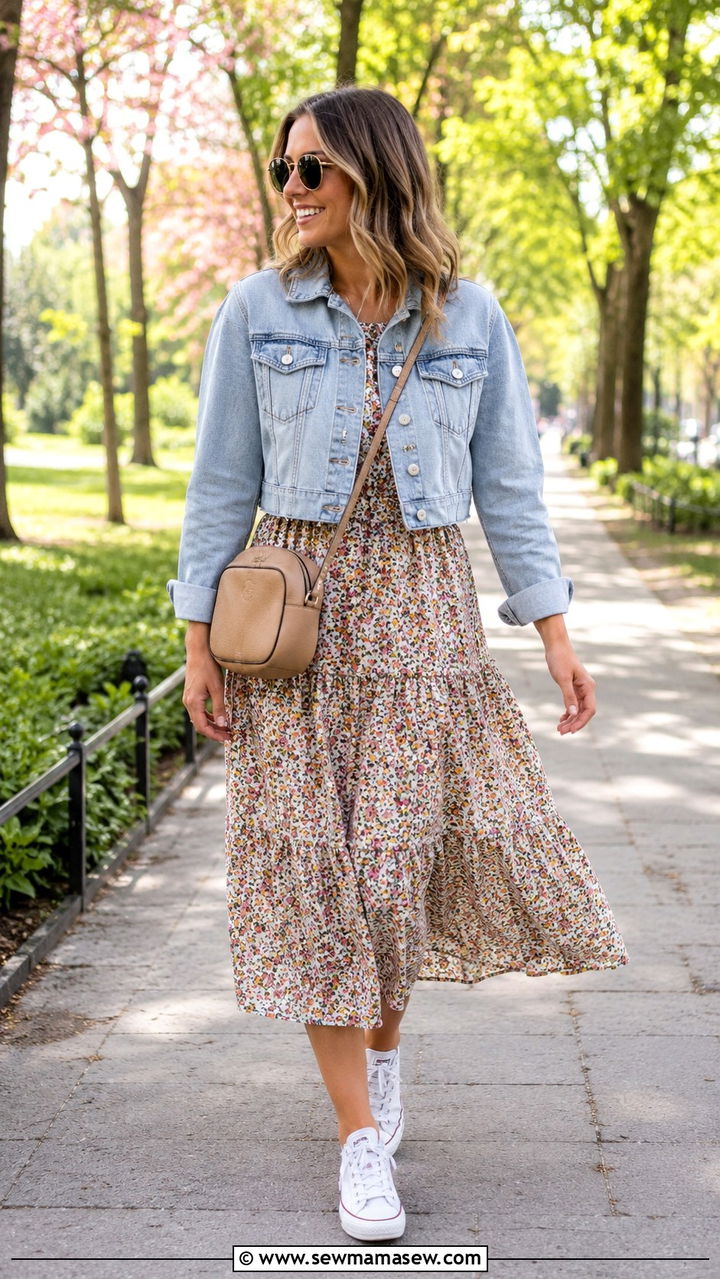 Cropped Denim Jacket With Floral Midi Dress and Canvas Sneakers - 30 Late spring outfits