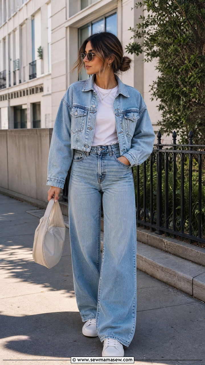 Cropped Denim Jacket With High Rise Jeans - 30 Outfit ideas for long torso