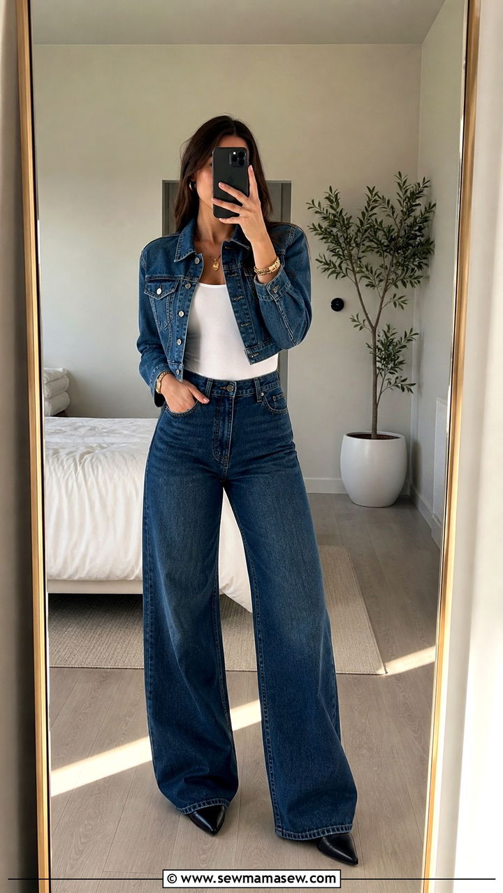 Cropped Denim Jacket With High Waist Wide Leg Jeans - 40 denim jacket outfit ideas