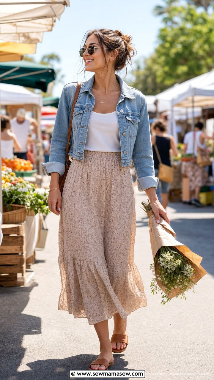 Cropped Denim Jacket With High Waisted Skirt - 25 classy outfits for women with tummy