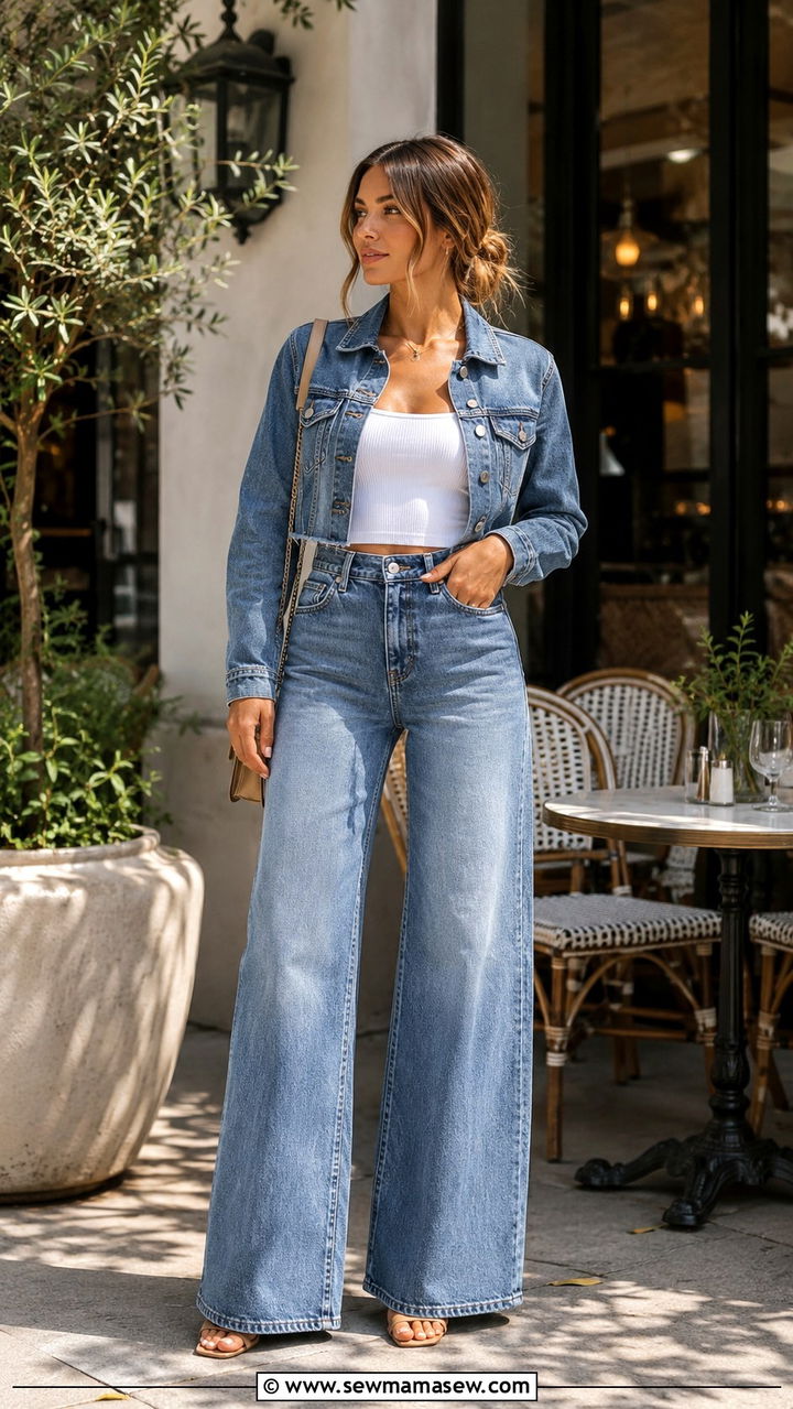 Cropped Denim Jacket With High Waisted Wide Leg Jeans - 30 Denim jacket and jeans outfit ideas