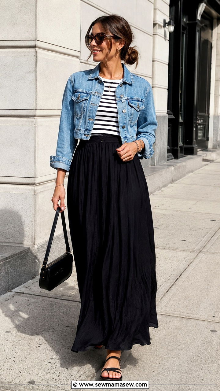 Cropped Denim Jacket With Maxi Skirt - 30 Denim jacket outfit ideas with a skirt