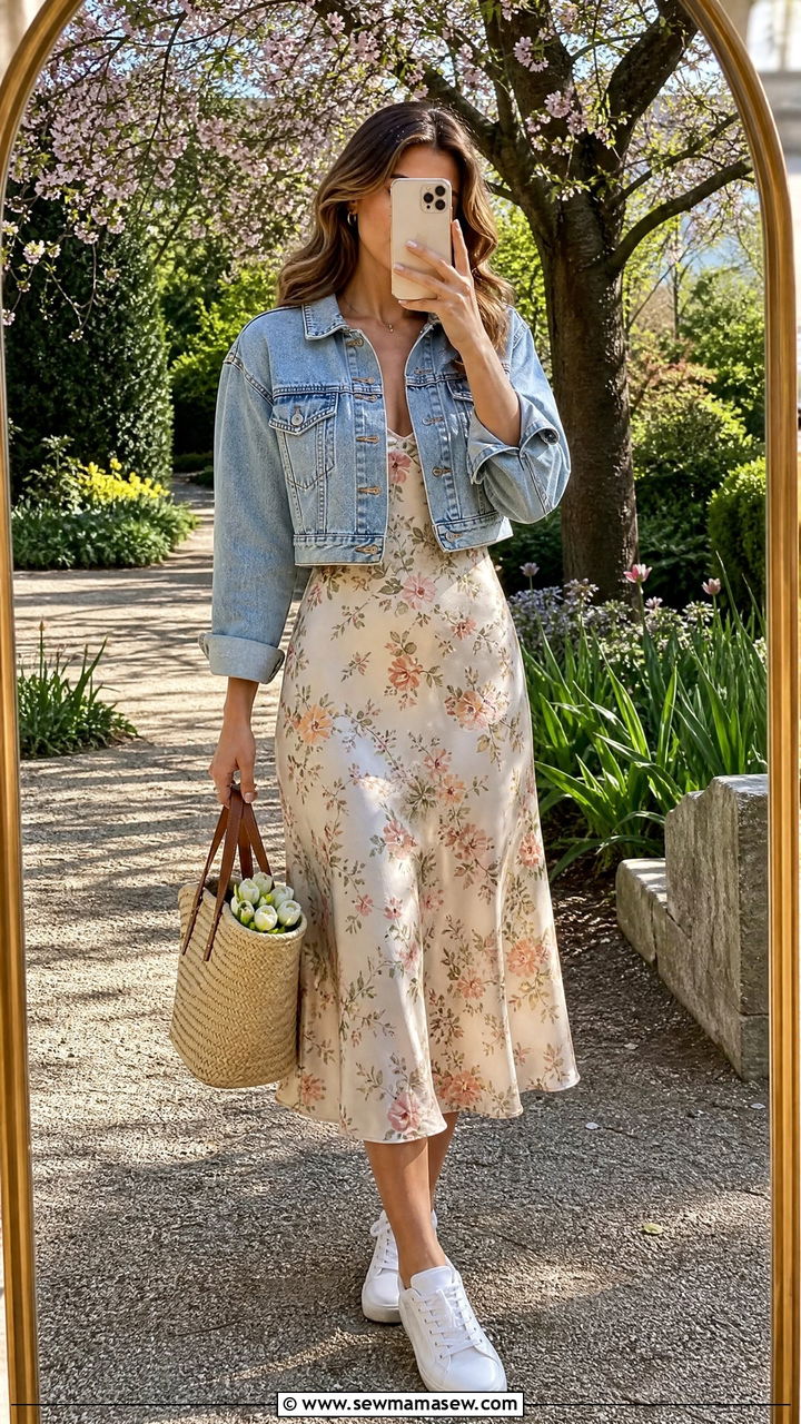 Cropped Denim Jacket With Midi Dress Outfit - 25 jacket outfits inspo
