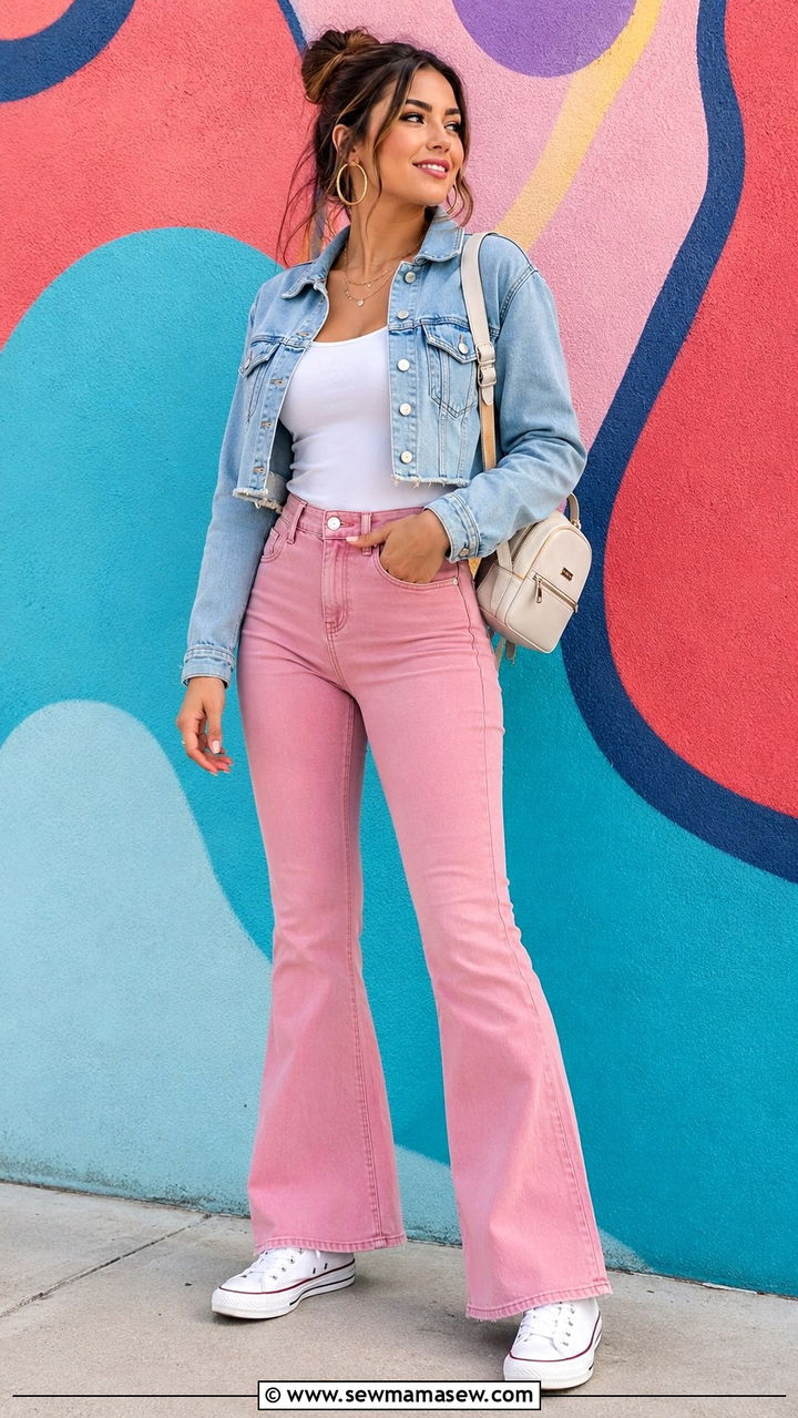 Cropped Denim Jacket With Pink Jeans and High Top Sneakers - 30 Pink jeans outfit ideas