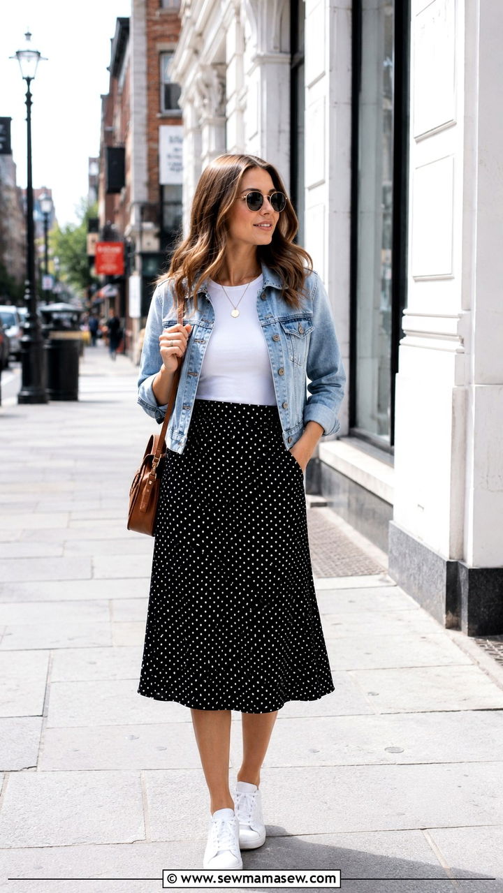 Cropped Denim Jacket With Polka Dot Midi Skirt - 30 spring midsize outfit ideas