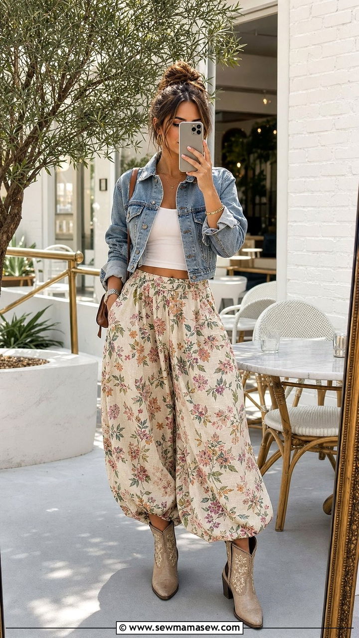 Cropped Denim Jacket With Printed Balloon Pants Outfit - 35 balloon pants outfits ideas