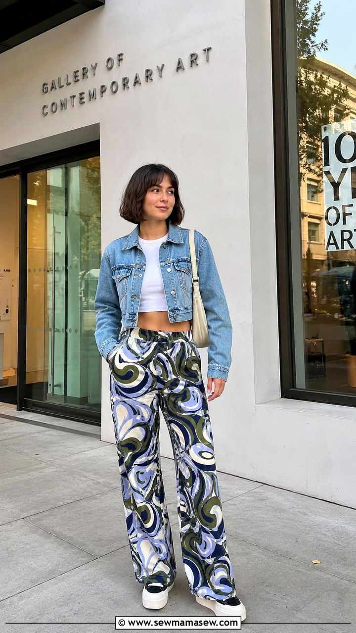 Cropped Denim Jacket With Printed Wide Leg Pants Outfit - 30 Indie outfit ideas