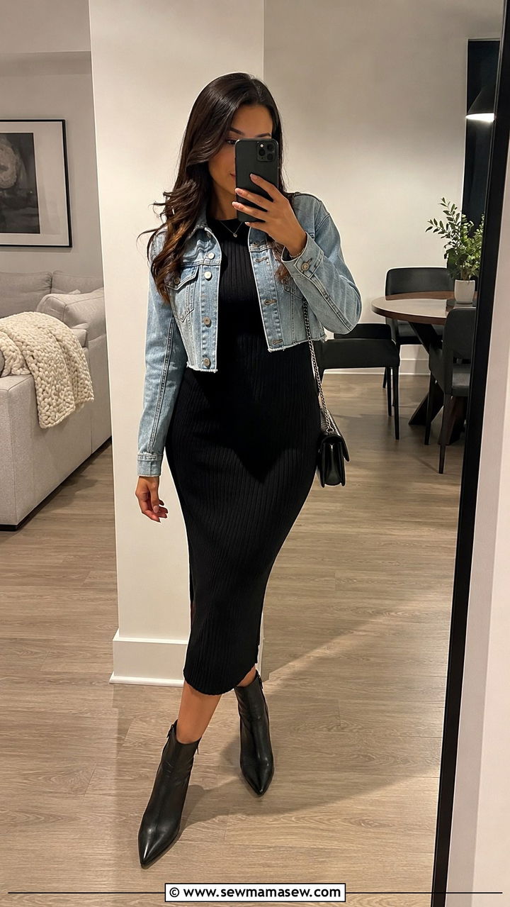 Cropped Denim Jacket With Sweater Dress - 20 Sweater dress outfit ideas with a denim jacket