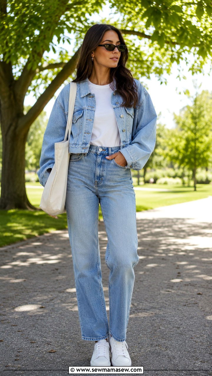 Cropped Denim Jacket With Tee And Jeans - 30 spring trendy outfit ideas