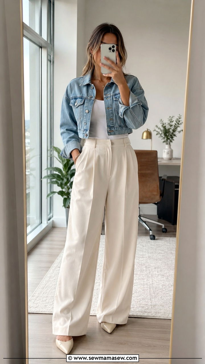 Cropped Denim Jacket With Wide Leg Trousers - 30 Spring outfits with denim jacket