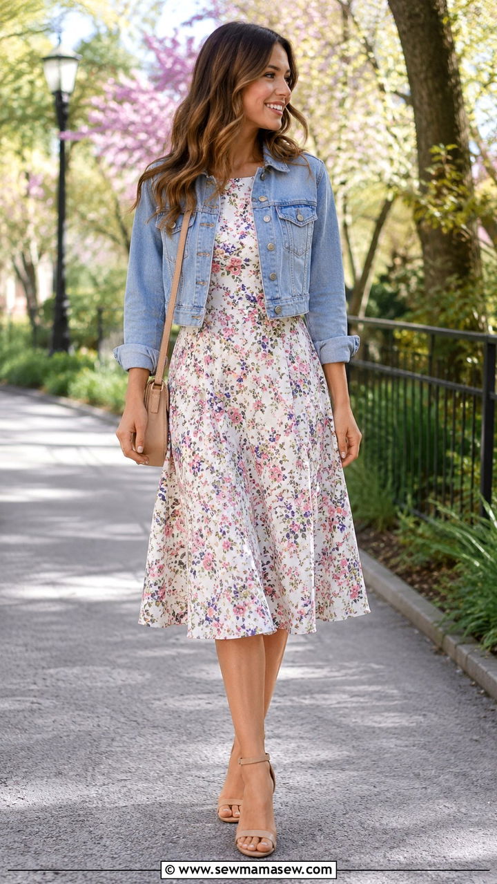 Cropped Denim Jacket and Fit and Flare Dress - 30 Outfit ideas for broad shoulders