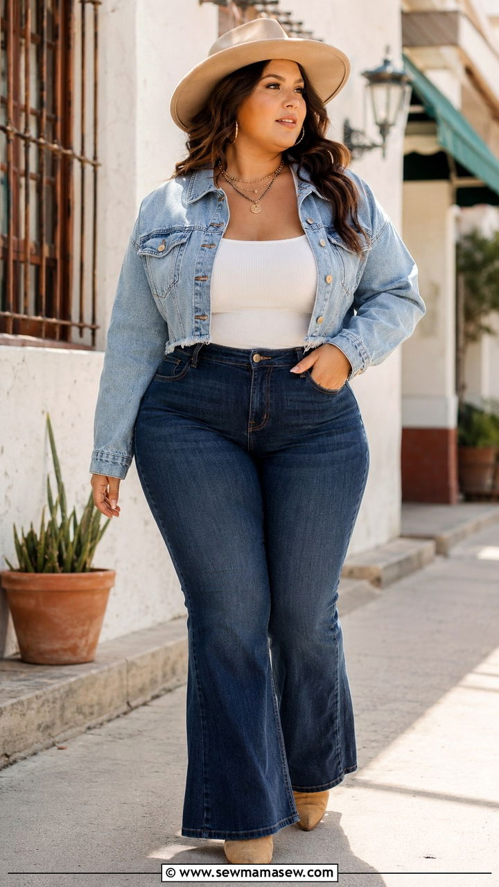 Cropped Denim Jacket and Flare Jeans - 25 Plus size outfit ideas western