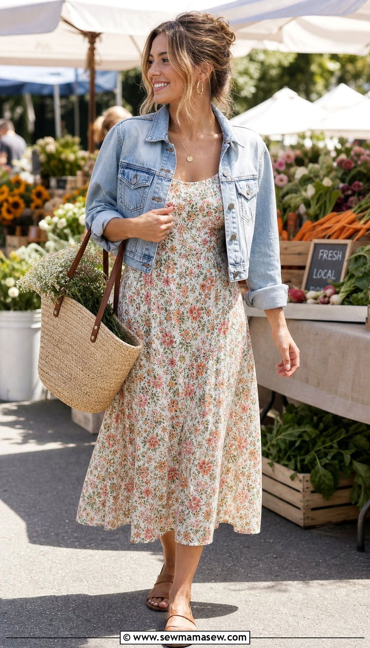Cropped Denim Jacket and Floral Midi Dress Outfit - 25 spring outfits for short torso women