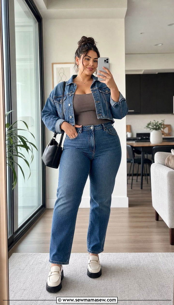 Cropped Denim Jacket and High Waisted Jeans - 25 Double denim outfit ideas plus size