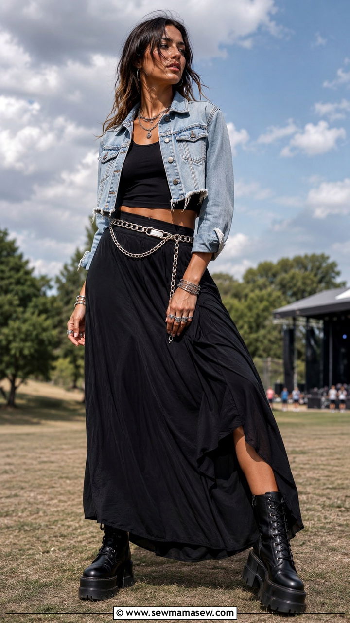 Cropped Denim Jacket and Maxi Skirt Outfit - 25 Rock concert outfit ideas
