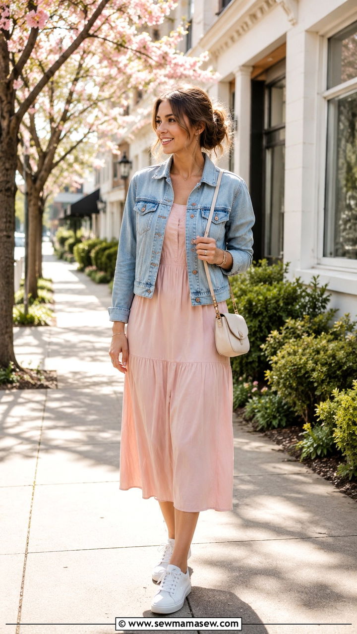 Cropped Denim Jacket and Midi Dress Spring Outfit - 30 spring outfits 2026 women casual