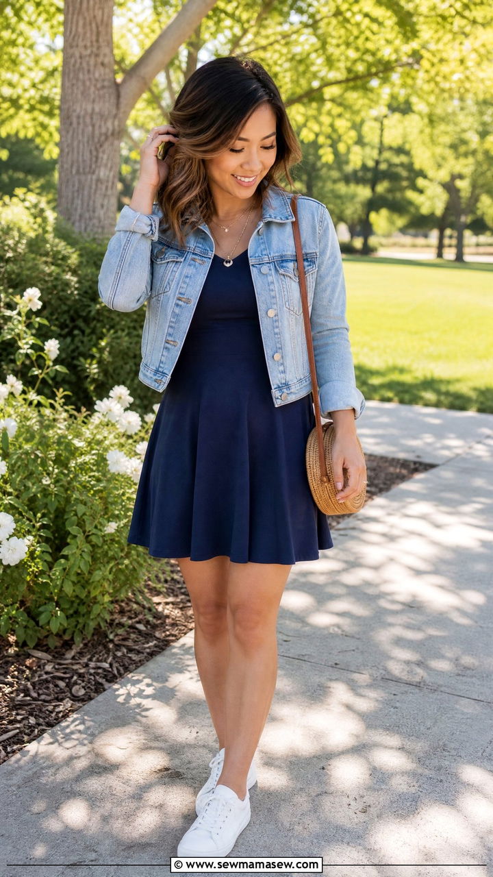 Cropped Denim Jacket with Fit and Flare Dress Outfit - 25 Petite outfit ideas under 5 feet