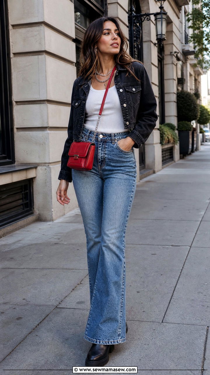 Cropped Denim Jacket with Flare Jeans and Ankle Boots - 30 Flare jeans outfit ideas with boots
