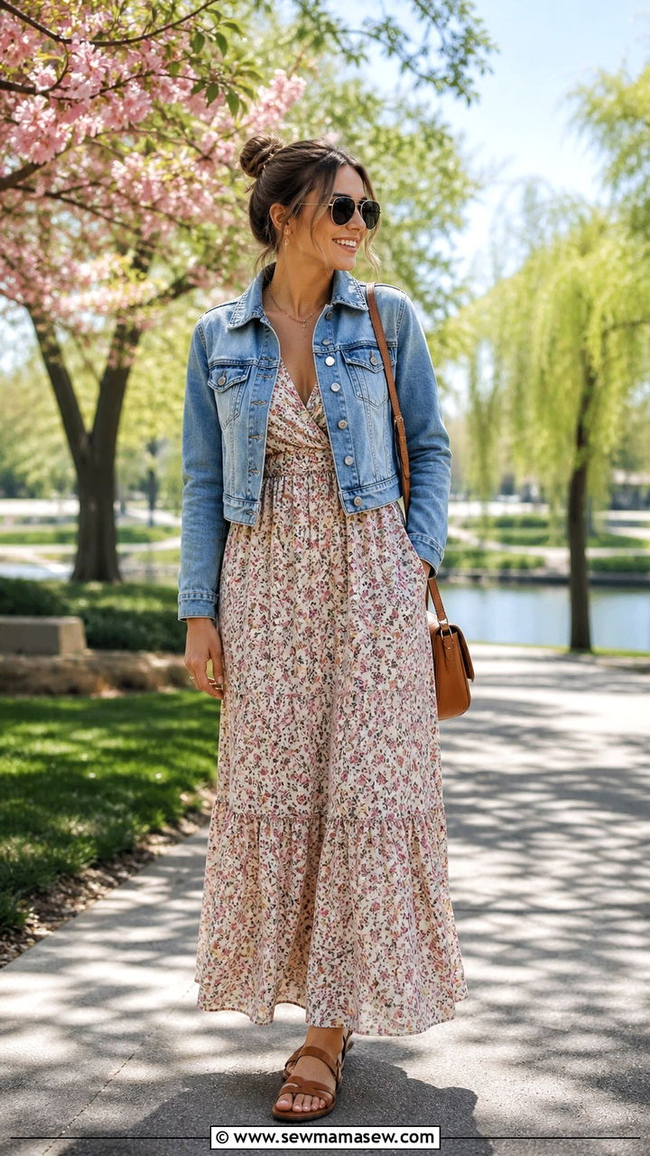 Cropped Denim Jacket with Floral Maxi Dress - 40 casual jacket outfits
