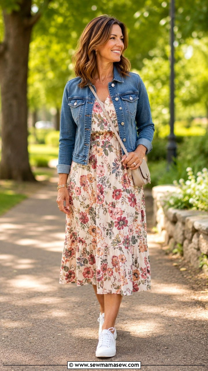 Cropped Denim Jacket with Floral Midi Dress - 25 Outfit ideas for pear shape over 40