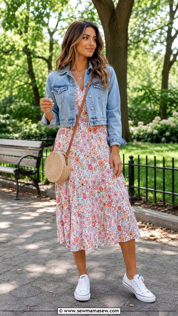 Cropped Denim Jacket with Floral Midi Dress - 30 cute spring to summer outfits