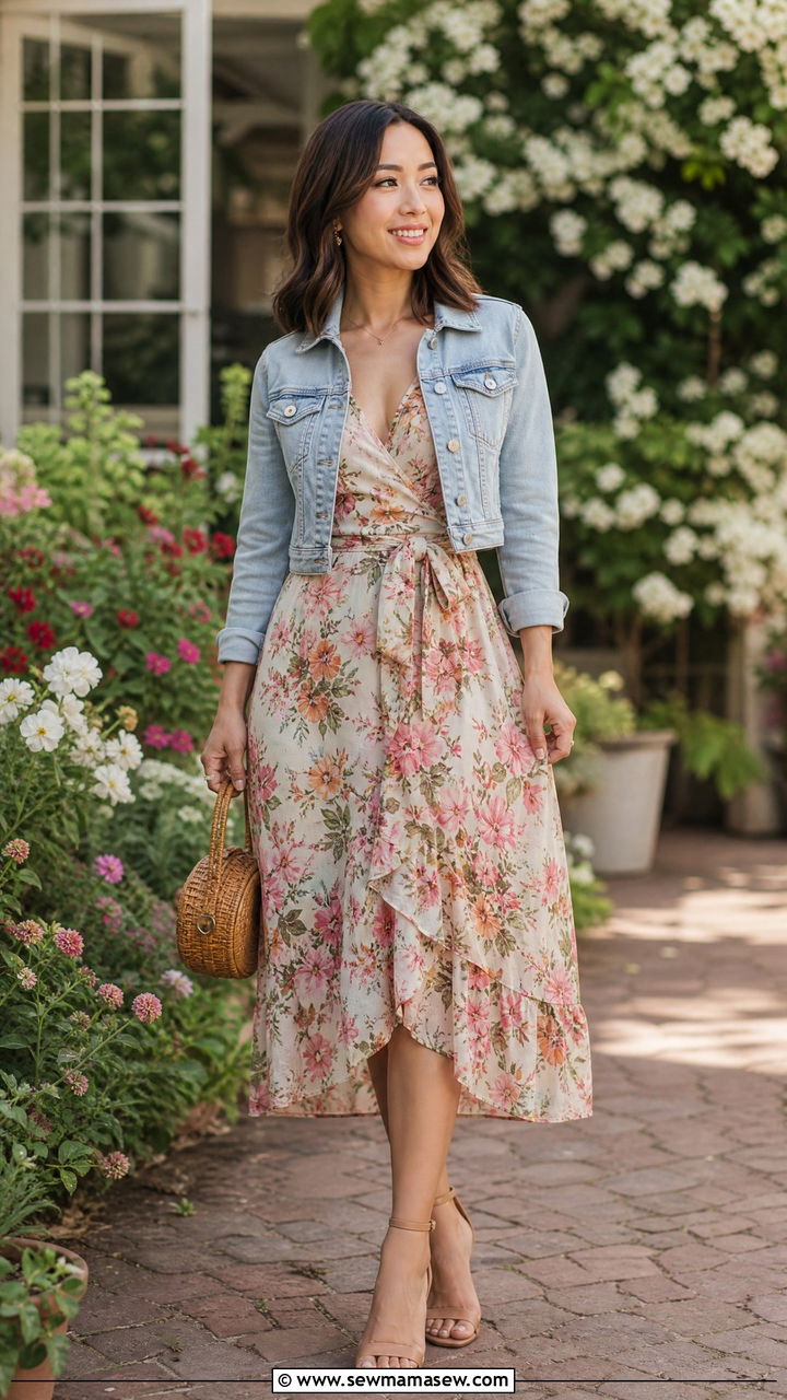 Cropped Denim Jacket with Floral Midi Dress Outfit - 25 Petite outfit ideas under 5'4