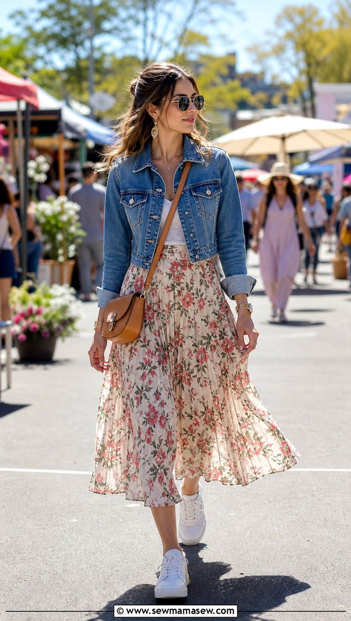 Cropped Denim Jacket with Floral Pleated Midi Skirt - 25 Spring outfits for hourglass figure