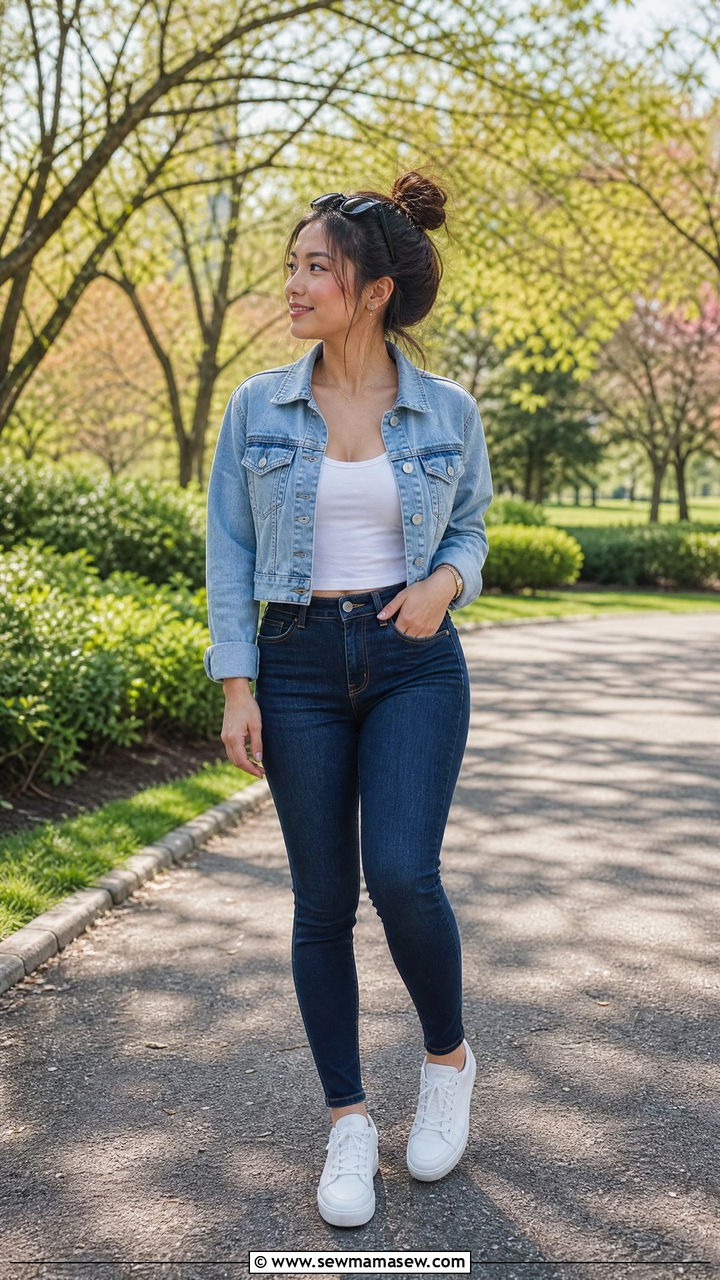 Cropped Denim Jacket with High Rise Skinny Jeans Outfit - 25 Petite outfit ideas under 5 feet