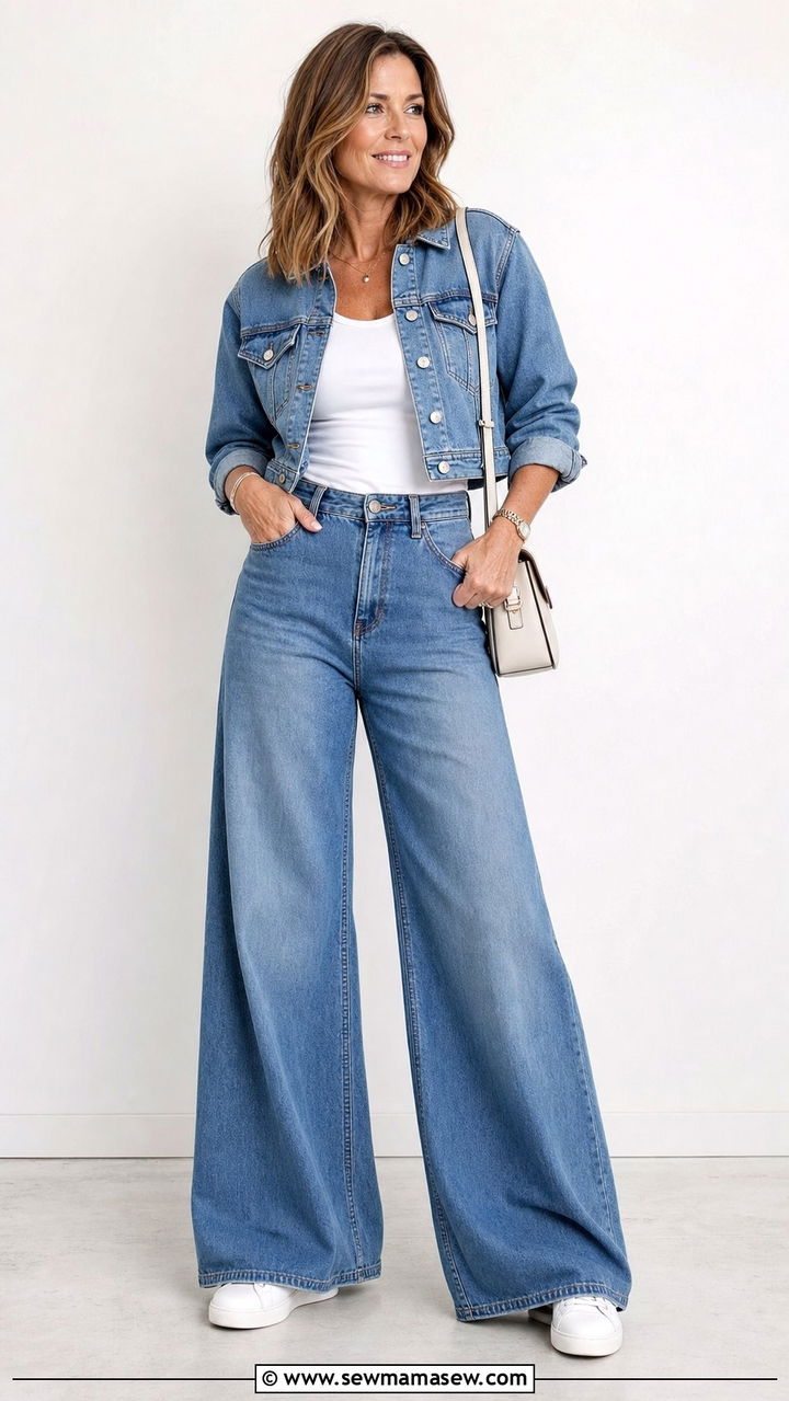 Cropped Denim Jacket with High Waist Jeans - 25 Double denim outfit ideas over 40