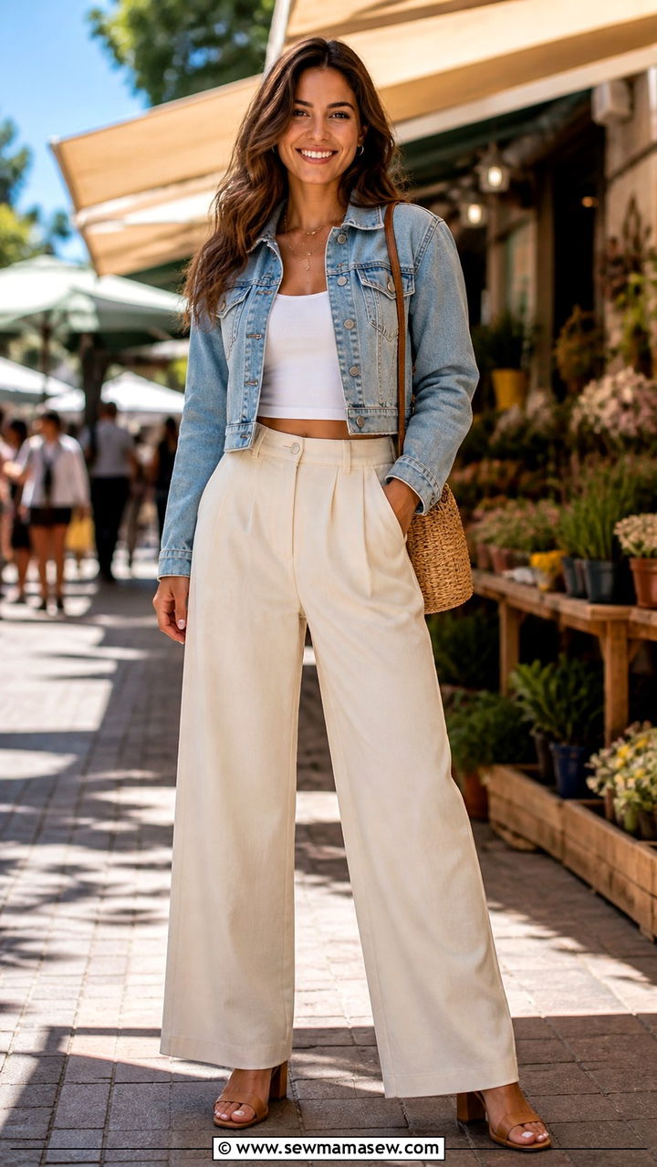 Cropped Denim Jacket with High Waist Wide Leg Trousers - 40 jacket outfits for women