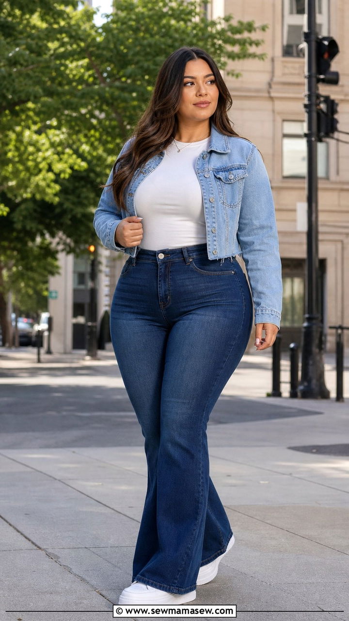 Cropped Denim Jacket with High Waisted Flare Jeans - 25 Spring outfits for pear shape