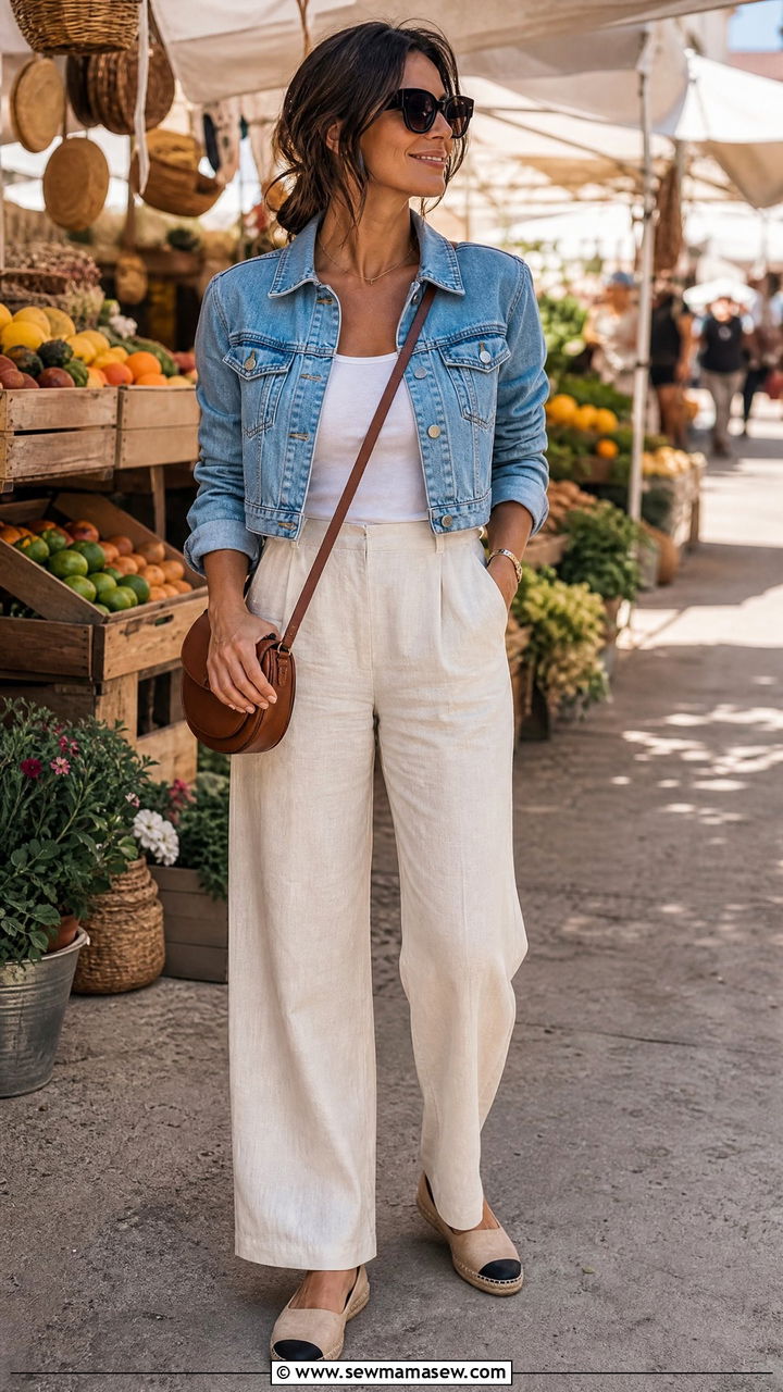 Cropped Denim Jacket with High Waisted Linen Trousers - 25 Outfits for no waist