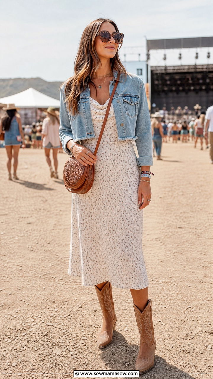 Cropped Denim Jacket with Midi Slip Dress - 30 modest music festival outfit ideas