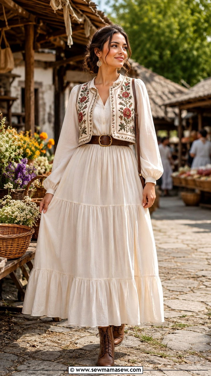 Cropped Embroidered Vest Over A Long Sleeve Maxi Dress - 20 Cottagecore outfits for pear shape