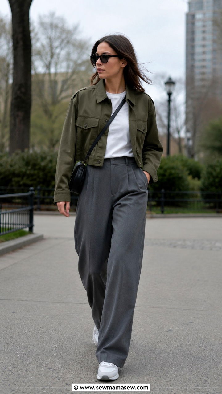Cropped Fatigue Jacket with Grey Trousers - 30 Late March outfit ideas