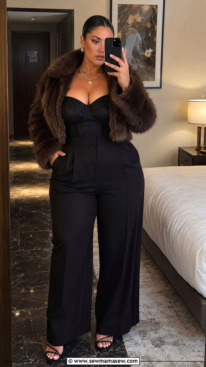 Cropped Faux Fur Bomber With Black Cigarette Pants And Stiletto Pumps - 20 Mob wife aesthetic outfit ideas plus size