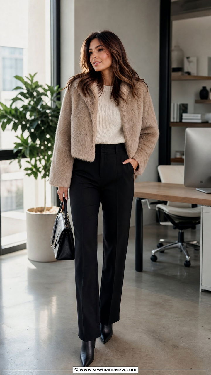 Cropped Faux Fur Jacket With High Waisted Tailored Trousers - 30 Faux fur coat outfit ideas